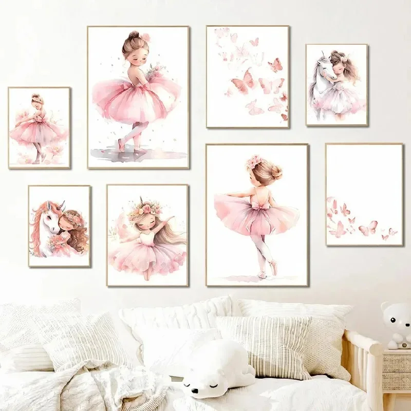 Baby Nursery Frames - Pink Ballerina Girl Unicorn Butterfly Poster
