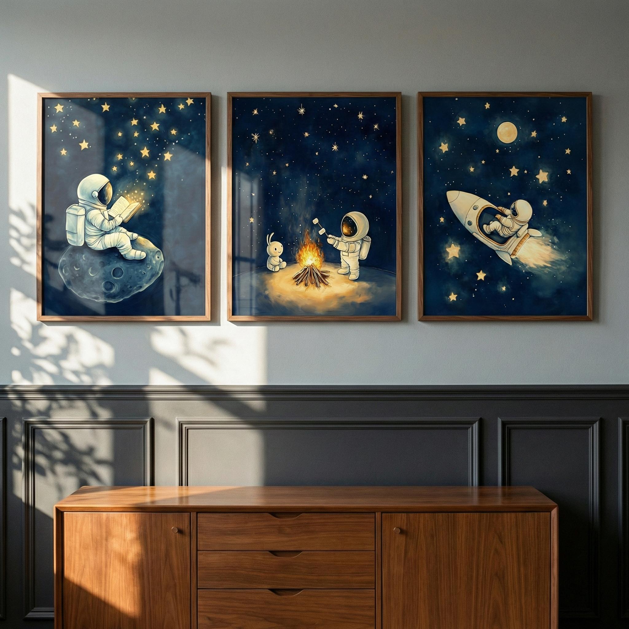 Baby Nursery Frames - Astronaut Space Wall Art Set of