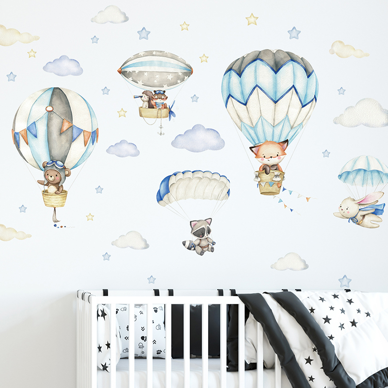 Baby Nursery Stickers - Cartoon Cute Animals Hot Air Balloon