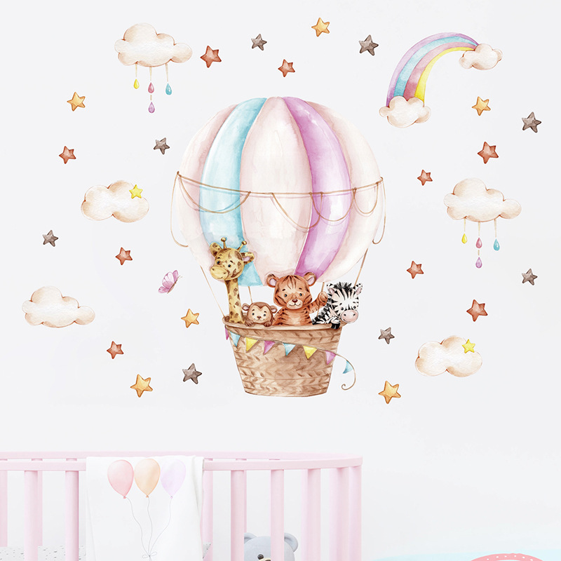 Baby Nursery Vinyl Wall Stickers - Watercolor Pink Hot Airballoon Cute Animals