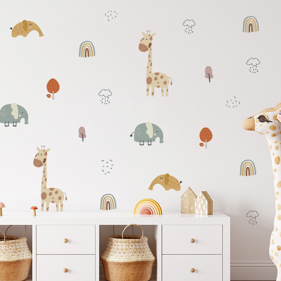 Baby Nursery Vinyl Wall Stickers - Cartoon Giraffe Elephant Animal Wall Sticker