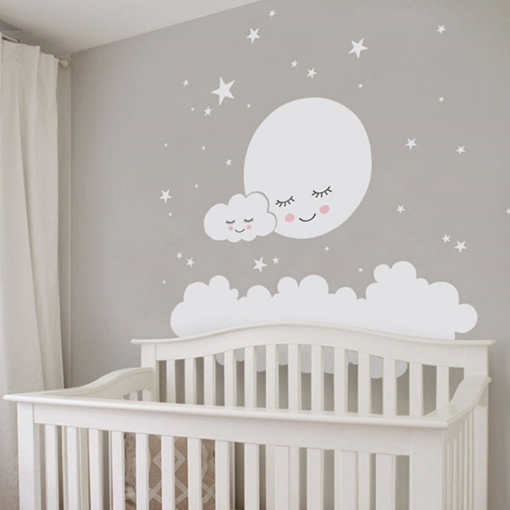 Baby Nursery Vinyl Wall Stickers - Beautiful Moon stars Wall Decal Cloud