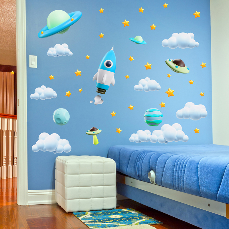 Blue Galaxy Space Rocket UFO W - огляд і ціна Baby Nursery Vinyl Wall Stickers