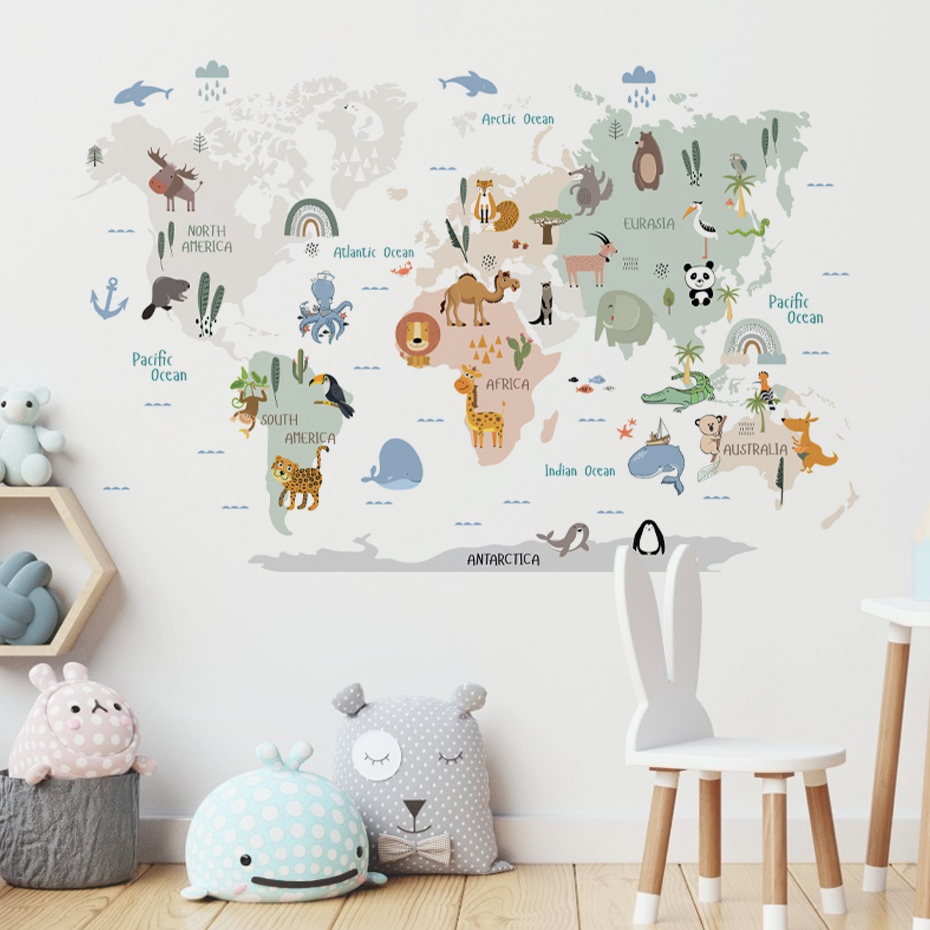 Watercolor  Cartoon World Map  - огляд і ціна Baby Nursery Vinyl Wall Stickers