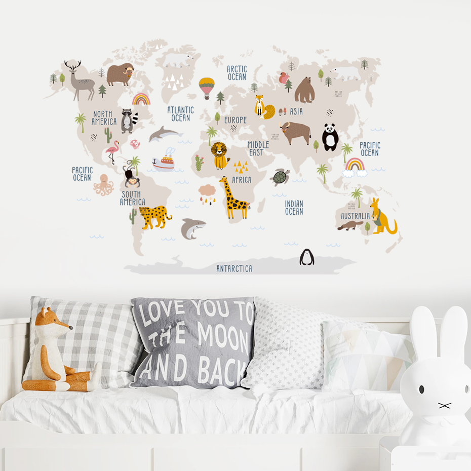 Watercolor  Cartoon World Map  - огляд і ціна Baby Nursery Vinyl Wall Stickers