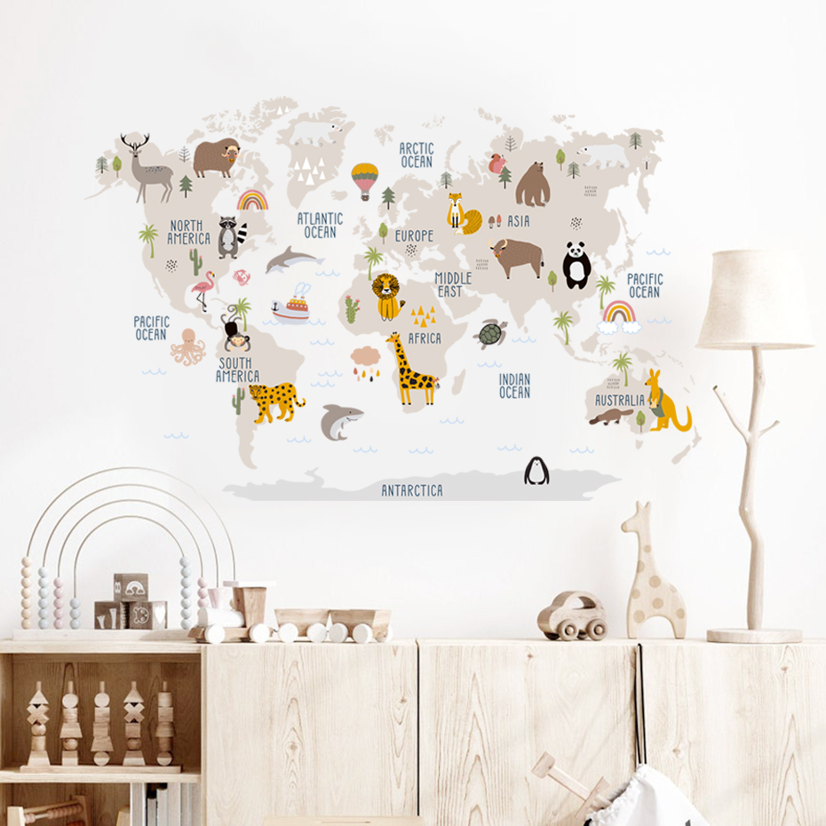 Watercolor  Cartoon World Map  - огляд і ціна Baby Nursery Vinyl Wall Stickers